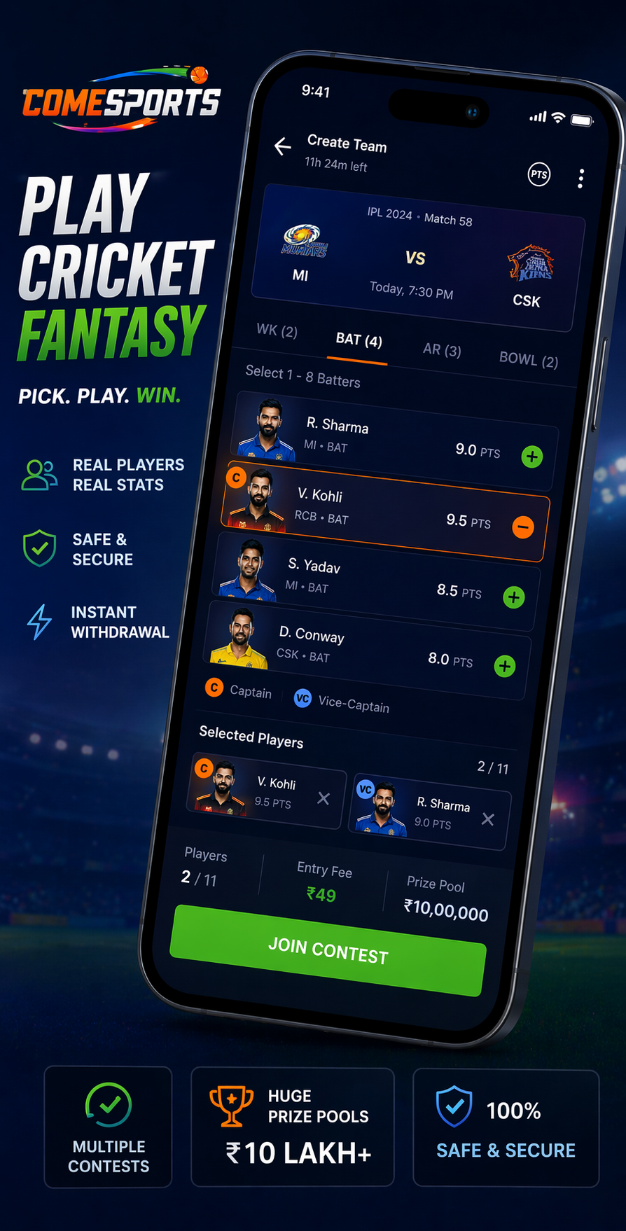 Come 247 DL cricket fantasy visual